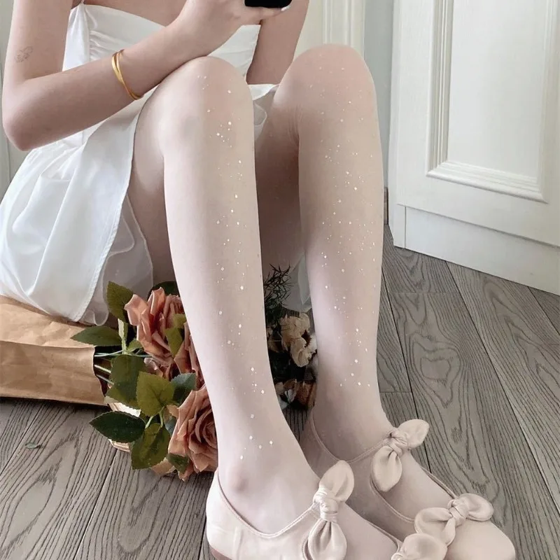 Balletcore شير الأبيض فتاة الجوارب النجوم لامع العناية بالبشرة جوارب طويلة المرأة رقيقة جدا بريق الجوارب الصيف لوليتا Legwear