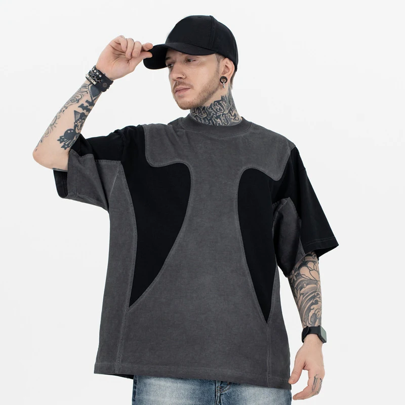 PFNW Male T-shirt American Simple Worn-out Embroidery Patchwork High Street Half Sleeve Loose Tops Summer 2025 Chic New 28W3969