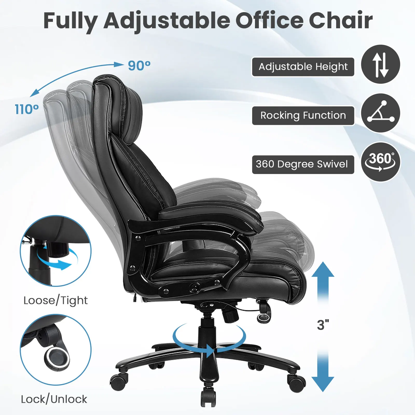 Silla de oficina grande y alta, asiento ancho y reposabrazos acolchados con masaje de 6 puntos, 500 libras