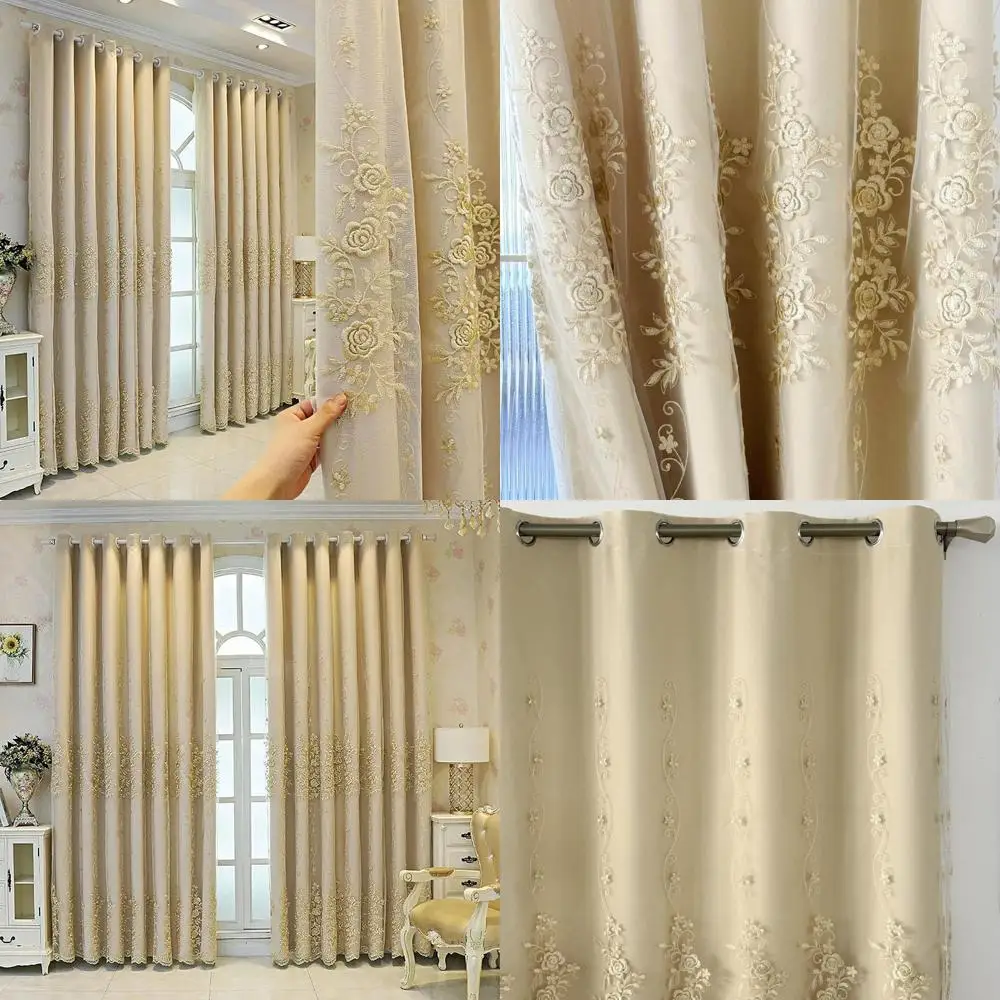 

Двухслойные шторы в европейском стиле с вышивкой розами для гостиной, бежевые, 54x90 дюймов