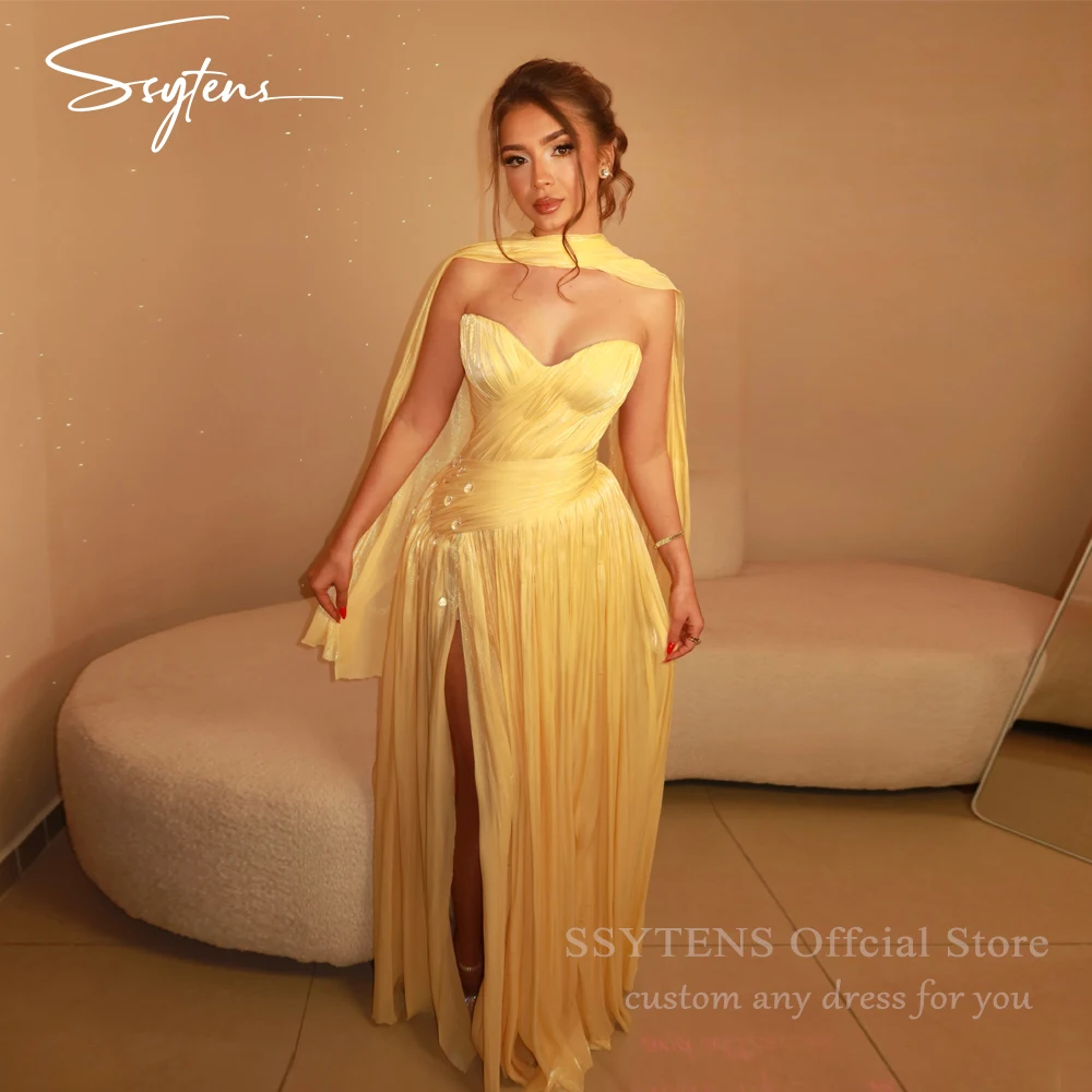 

SSYTENS Elegant Yellow Evening Dress Sweetheart A Line Sexy Prom Gowns Side Slit Prom Party Dresses vestido madrinhas Customized