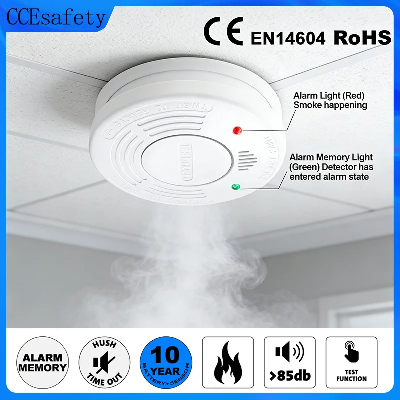 CCEsafety Smoke Detector For Home CE EN14604 Fire Alarm Photoelectric Smoke Sensor With 10 Years CR123A Battery Hush Button