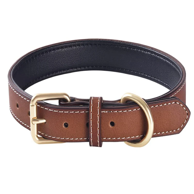 Genuine Leather Padded Dog Collar Comfortable Strong Soft Collars Best for Small Medium and Large Breed Dogs Brown color