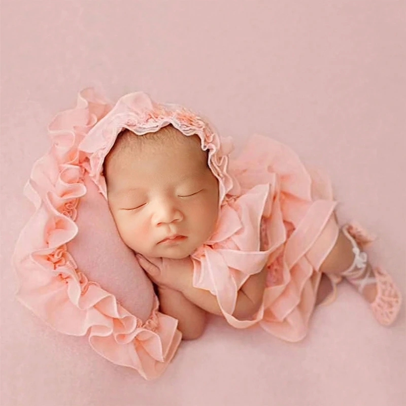 4pcs Newborn Photography Prop Girl Outfits Baby Lace Romper Hat Pillow Shoes Set