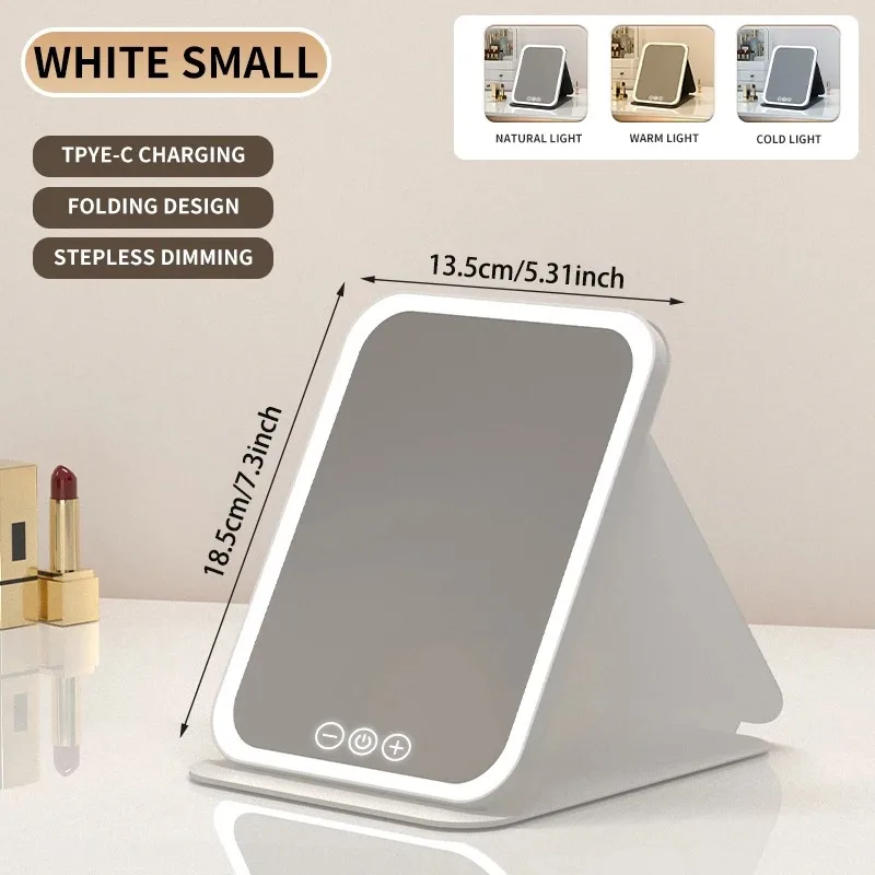 HPH 3-Farben-Make-up-Spiegel LED-Schminkspiegel mit Touchscreen, USB-Aufladbar, Dimmbare Helligkeit, Tragbarer Klappspiegel für den Tisch