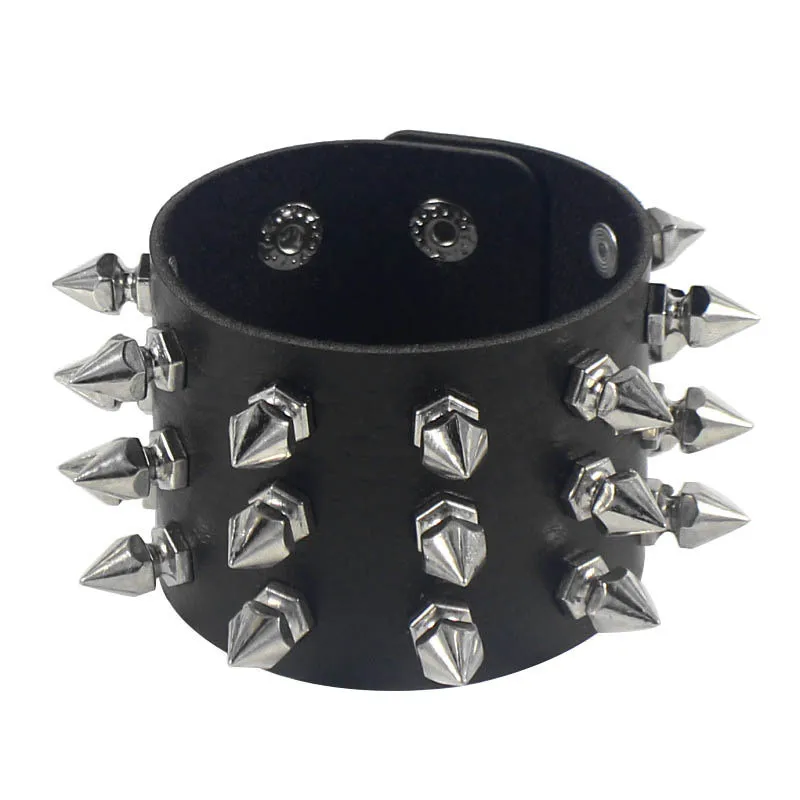 Punk Bracelet for Men Women Goth Black Leather Wristband with Metal Spike Studded Spike Rivets Cuff Bangle Adjustable