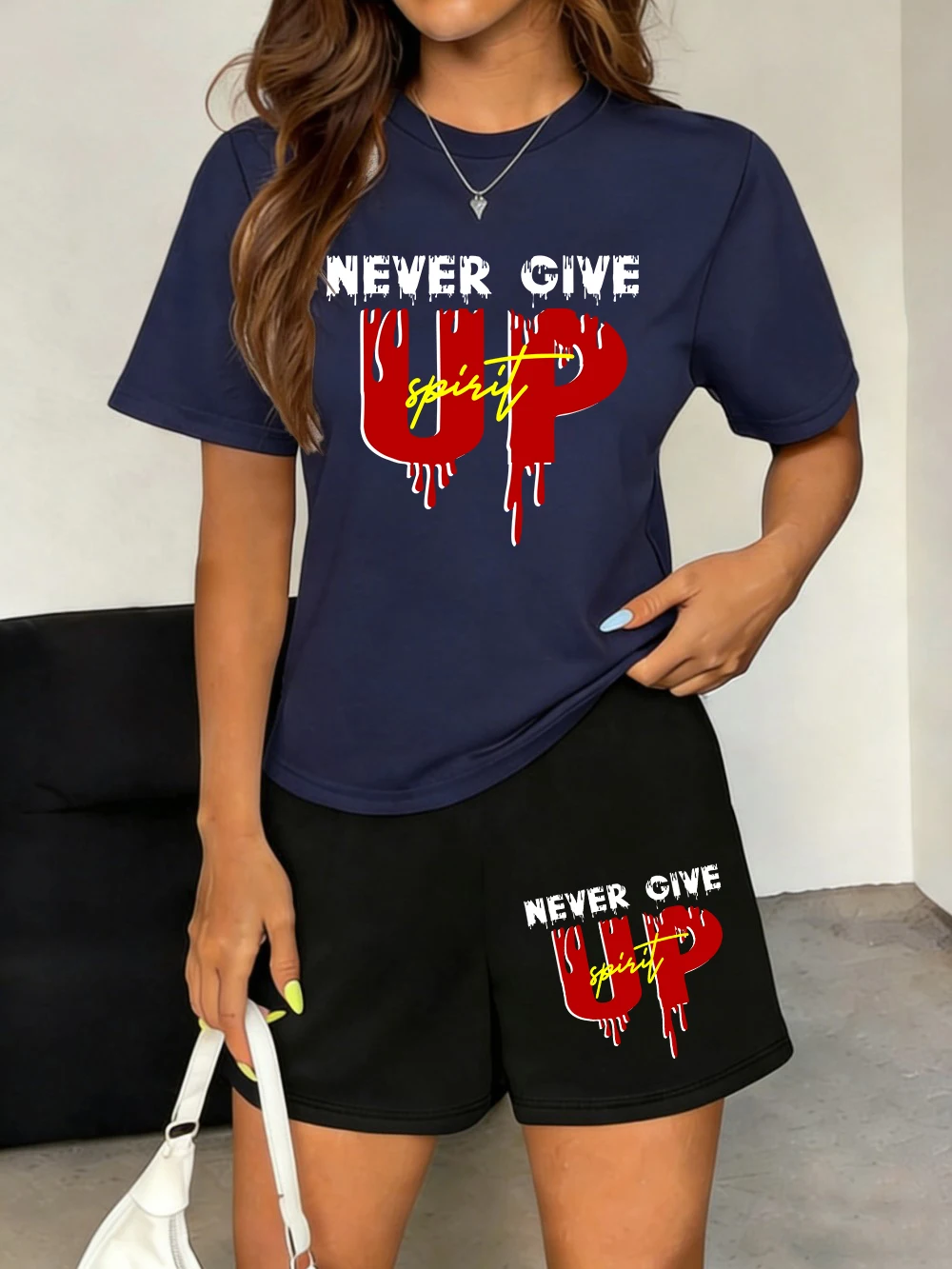 

Never Give Up Spirit Prints Tops Shorts Womens Casual Two Pieces Set T-Shirts Pants Summer Pocket High Waisted Oversized Clothes