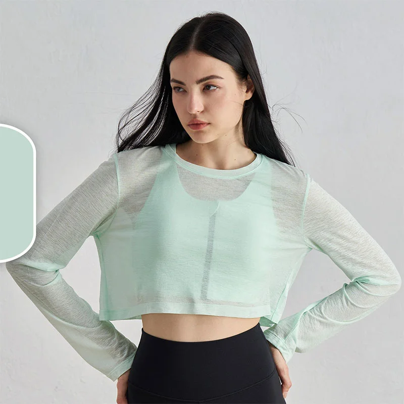 PofyBofy Yoga Cover Up Long Sleeve Crop Mesh Gym Top Quick Dry Running Pullover Crop Bathing Suit Bikini Coverups Tops Loose