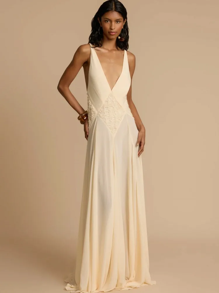 Elegantes Damen V-Ausschnitt Maxikleid Modisches Ärmelloses Einfarbiges Abendkleid für Damen Straßenparty Vestidos 2026 Sommer Herbst