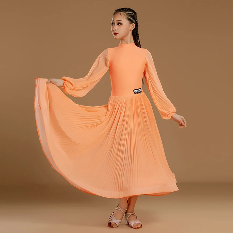 오렌지 볼룸 댄스 드레스 표준 성능 복장 랜턴 슬리브 레오타드 플리츠 스커트 소녀 왈츠 경쟁 드레스 3547