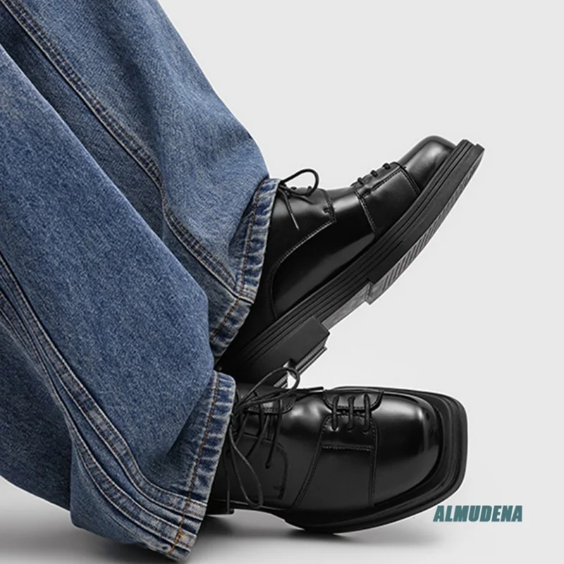 Square Toe Men's Black Derby Shoes Lace-Up Thick Sole Fashion Formal Business Office Daily Casual Party Dress Shoes