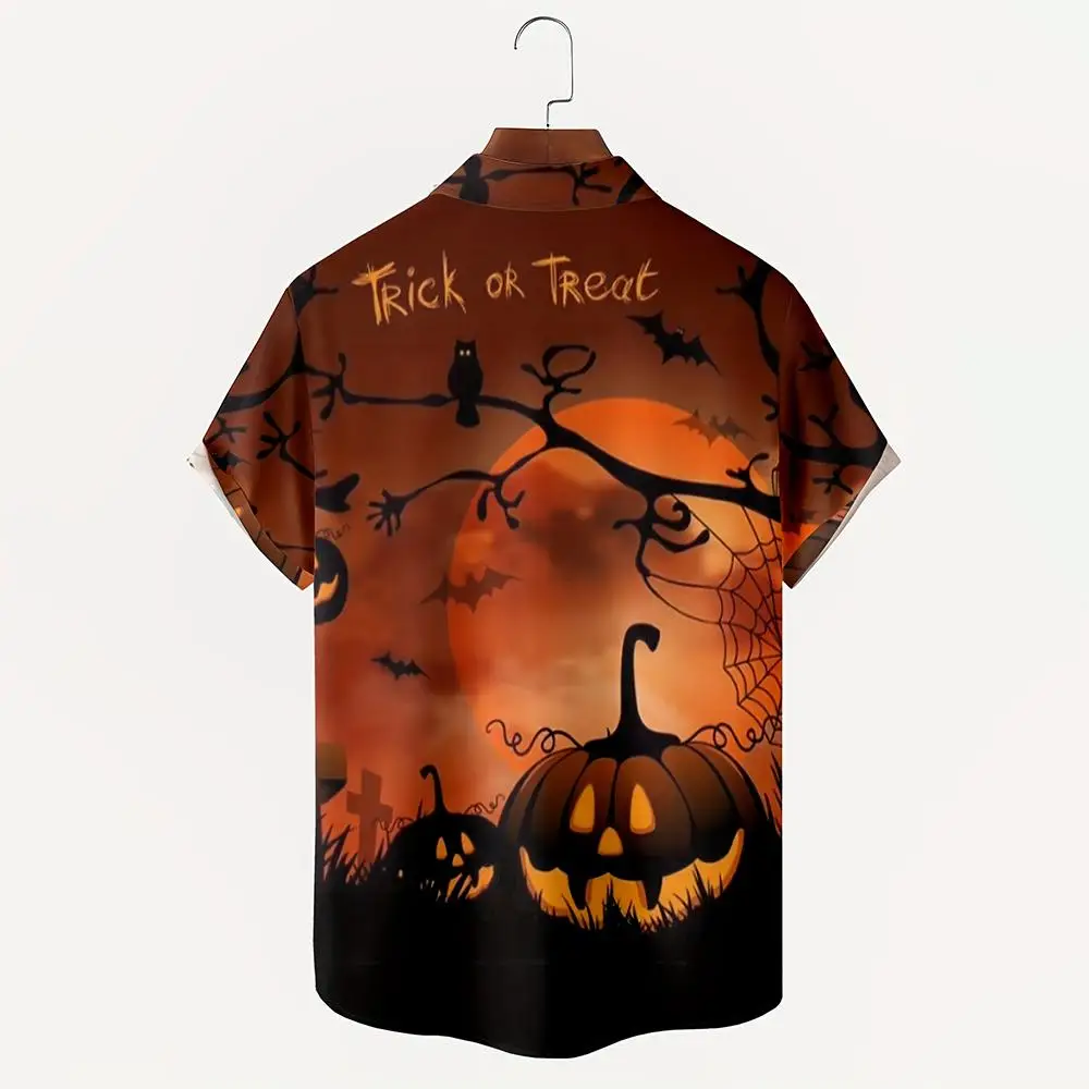 Festival Street Horror Pumpkin Graphic Shirt Halloween Party Casual Fashion Trendy Tops Unisex Breathable Lapel Buttons Blouse