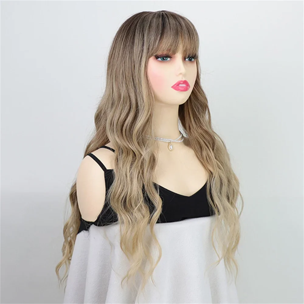 European and American wig for women with long curly hair gradient color bangs big waves synthetic head cover Synthetic Wigs