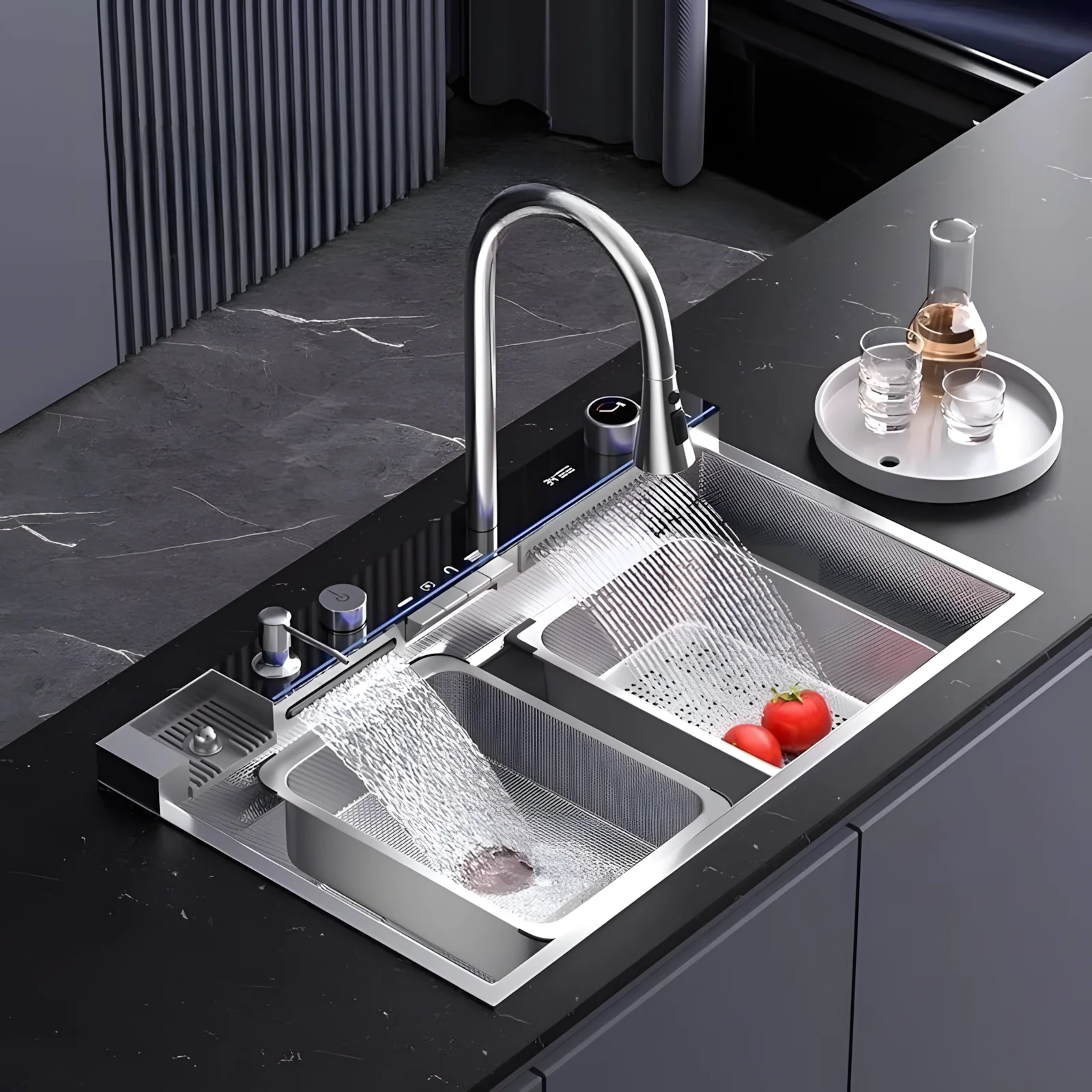 

Large Capacity Multifunctional Kitchen Sink Honeycomb Embossing Vegetable Workstation With Waterfall Faucet Drain Accessories