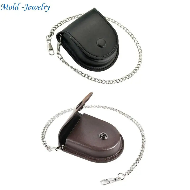 

69HB PU Leather Pocket Watch Case with Long Metal Chain Scratch Resistant Pocket Watch Holder For Timepiece Daily Care