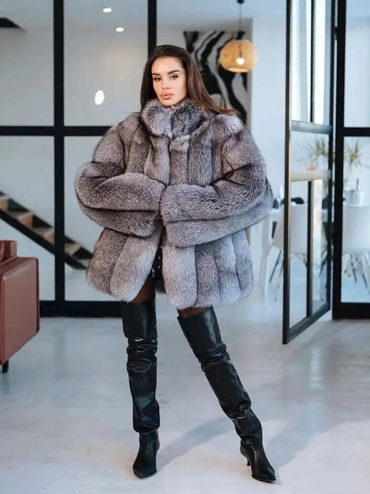 Women's Fashion stand-up collar fur coat super hot Autumn Winter Faux fox fur fluffy jacket high quality Ladies furry coats