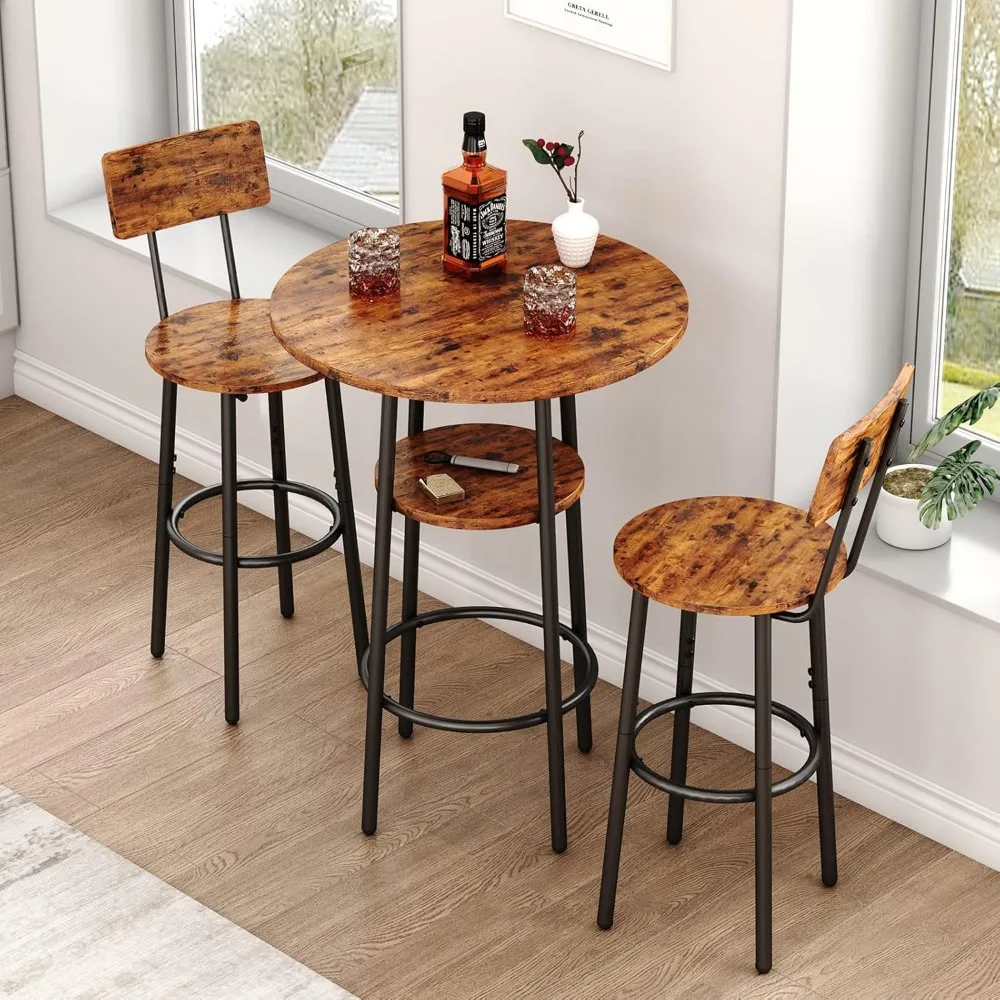 

Round Bar Table and Stools for 2, 3 Piece Pub Dining Set, Small Kitchen Counter Height Wood Top and Chairs for Bistro Small