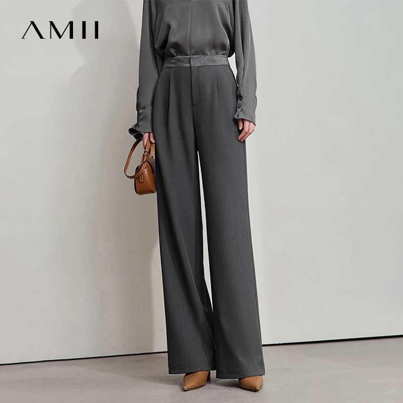 

AMII минималистичные серые широкие брюки для женщин, осень 202, простые жаккардовые пояса с украшением, неэластичные повседневные брюки 12523021