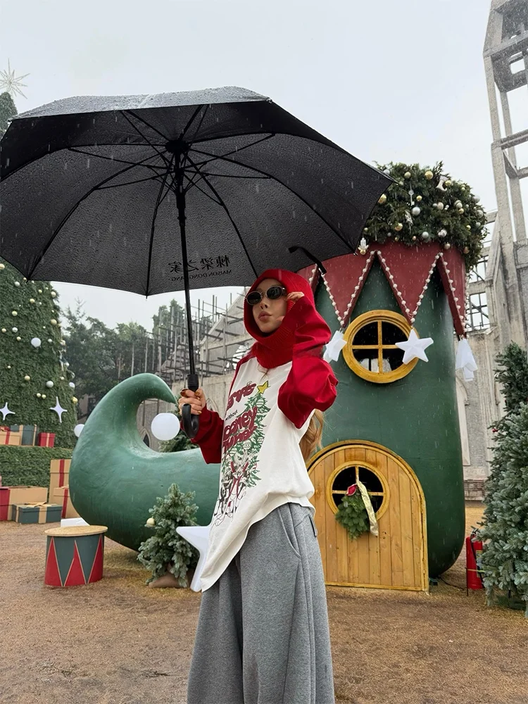 

MSKIN6 Cisas Red White Color Blo Long Sve T-irt Women Loose Pure Cotton Lazy Versatile Slimming New Year's Clothing