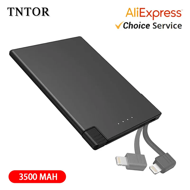 TNTOR Mini Power Bank 3500mAh portable ultra-thin 6mm power bank,fast charging built-in cable, suitable for iPhone Xiaomi Huawei