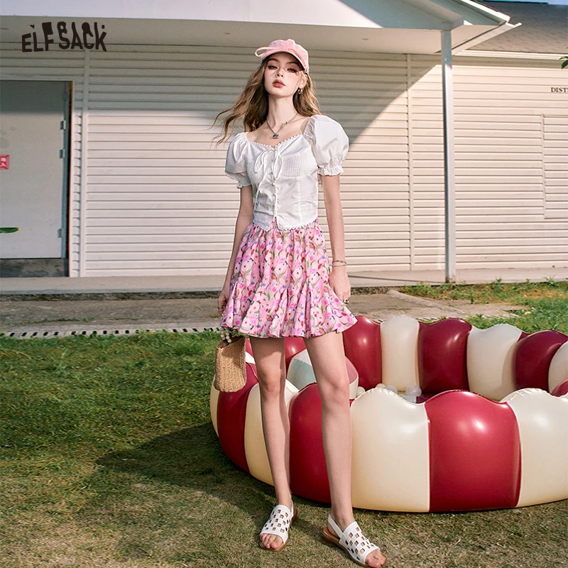 

ELFSACK Короткая юбка А-силуэта с цветочным принтом в стиле масляной живописи, с завышенной талией, для женщин