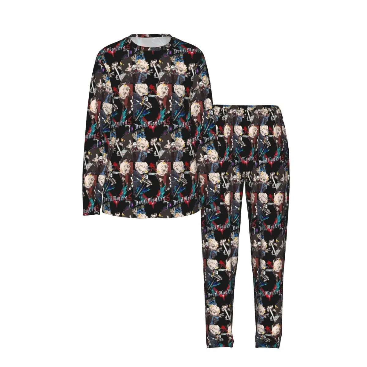 Devil May Cry Game Double Sided Print Round Neck Long Sleeve Nightgowns for Sleeping Sleepshirts Women Loose Pajama Long Pants