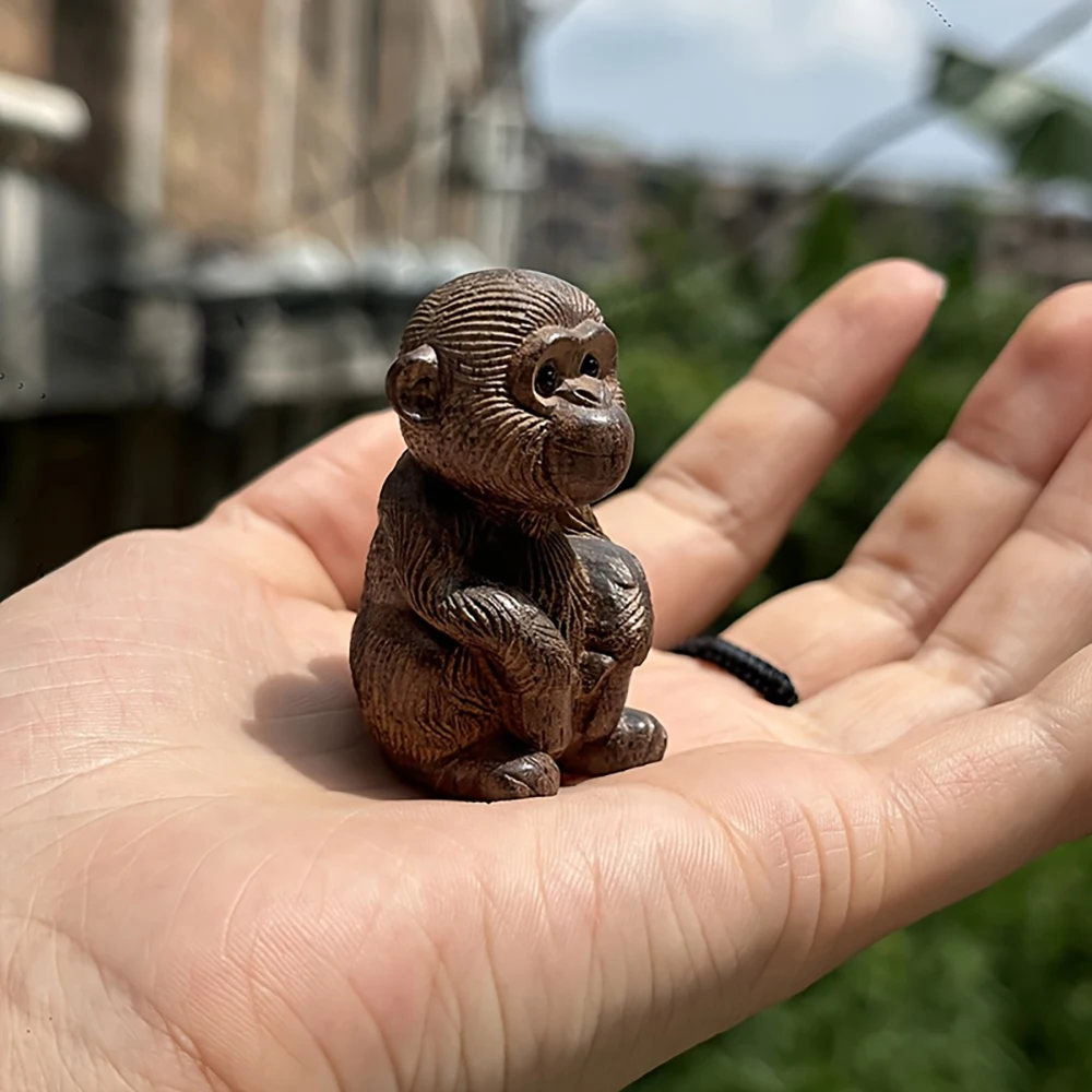 Wooden Carved Squatting Monkey Figurine Hand-Carved Zodiac Animal Home Office Decoration Creative Craft Study Room Bedroom Decorative Ornament