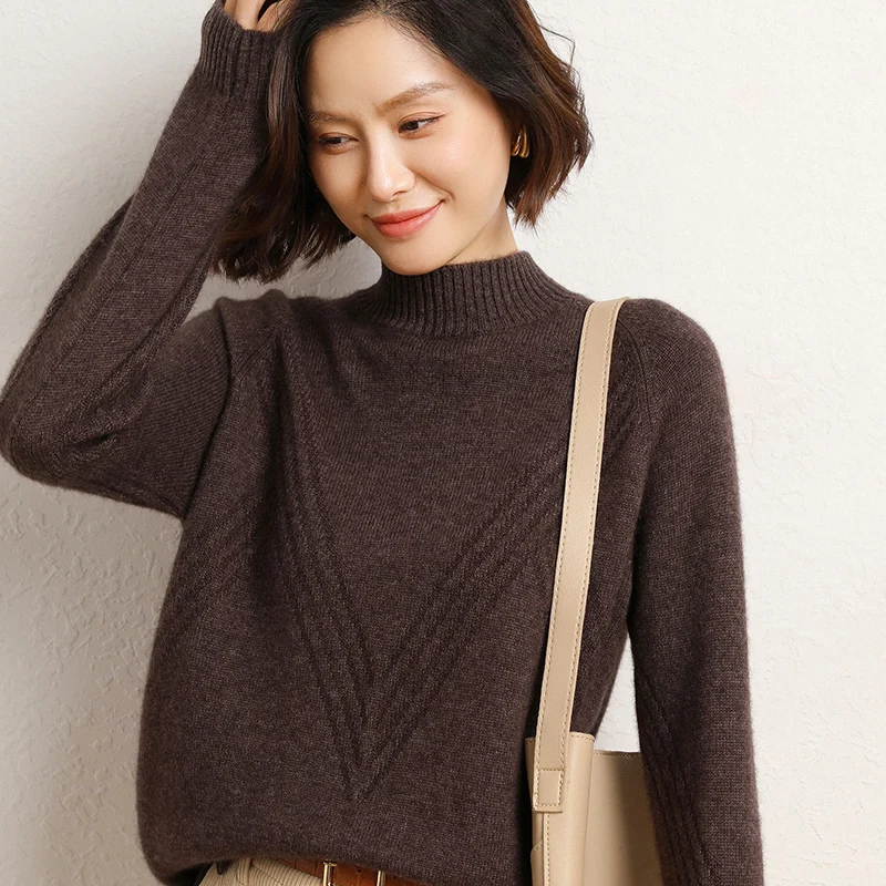 Autumn and Winter New Woolen Sweater Women's Semi High Collar Diamond Stripe Knitted Sweater Pullover Bottoming Shirt