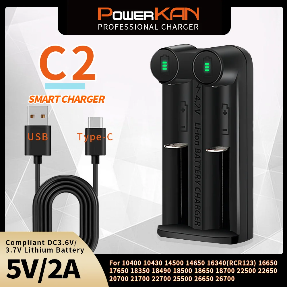 PowerKAN C2 for 3.6/3.7V Lithium Portable Battery Charger Powerbank Compatible with 14500/18650/26650/21700/21.etc