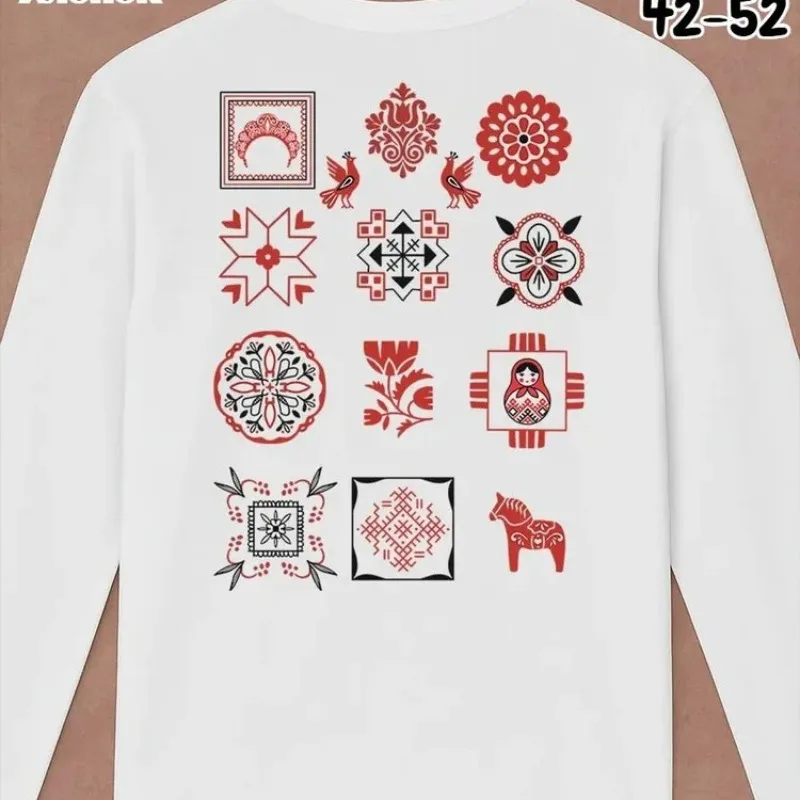 Slavic Folk Ornament Print Long Sleeve T-Shirt Red & White Ethnic Cotton Top Retro Russian Fashion Cute Cartoon Graphic Clothes