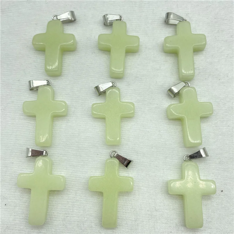 Natural Gem Stone Quartz Crystal Noctilucent Stone Fluorescence Cross Pendants For DIY Jewelry Making Necklace Accessories 12PCS