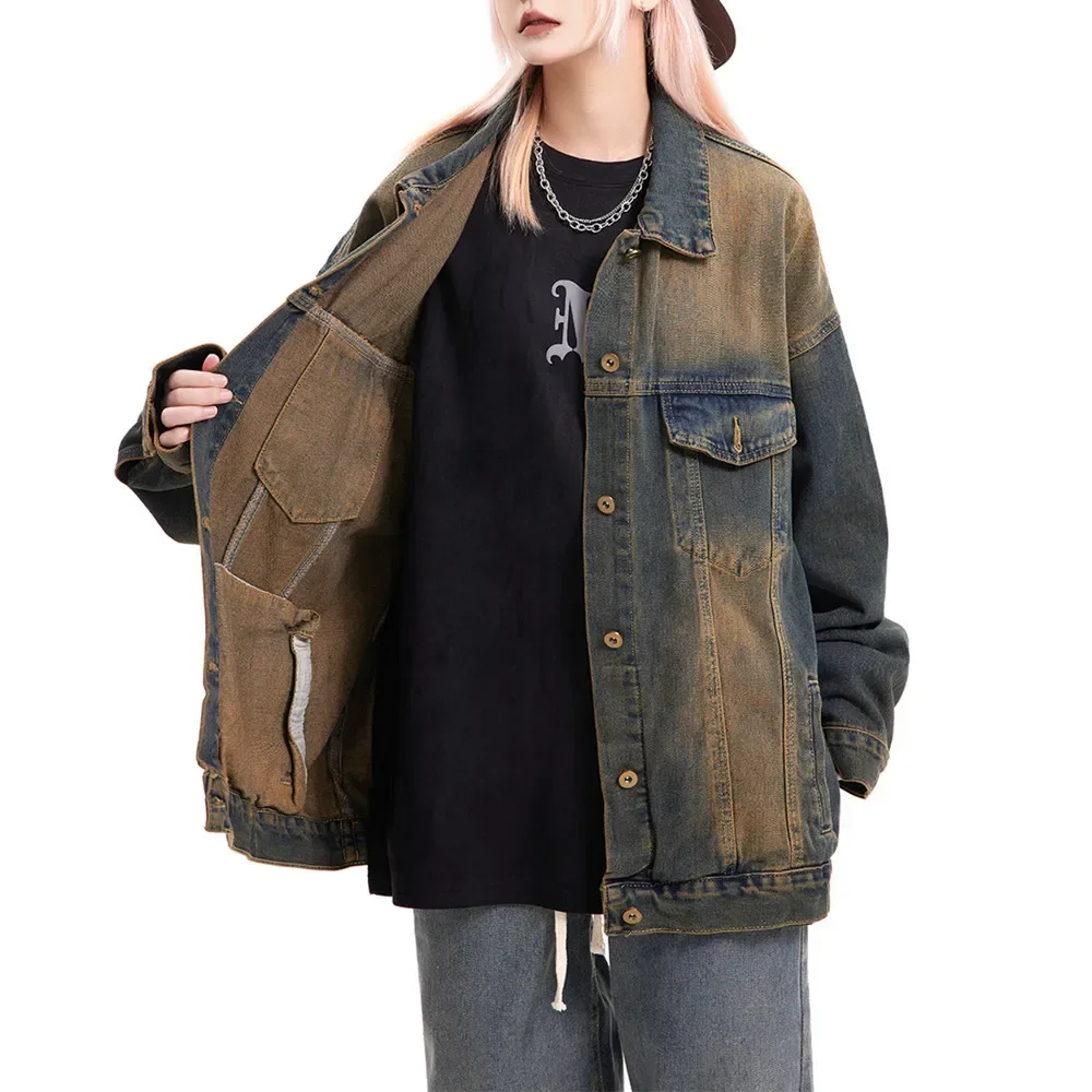 Vintage Denim Jacket Loose Fit For Men Women Autumn Winter 2023 New Style Versatile Couple Top Denim Coat