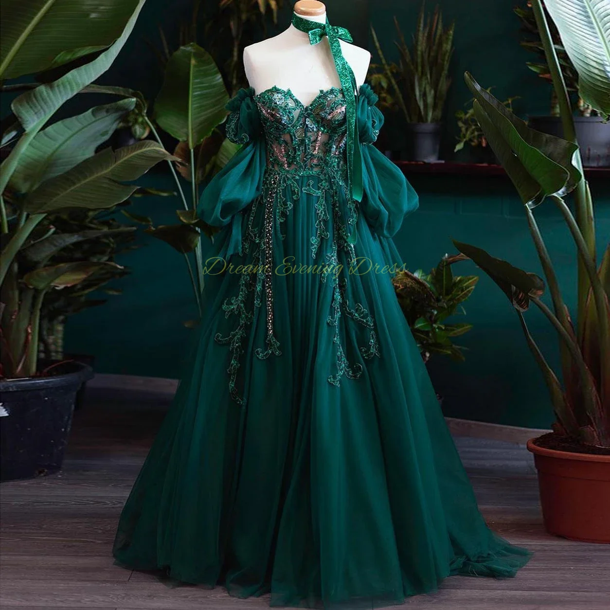 Dulce vestido de noche verde oscuro con cuentas de encaje para mujer, manga de burbuja, calcomanía, hombros descubiertos, escote Corazón, Formal, fiesta de graduación, 2023