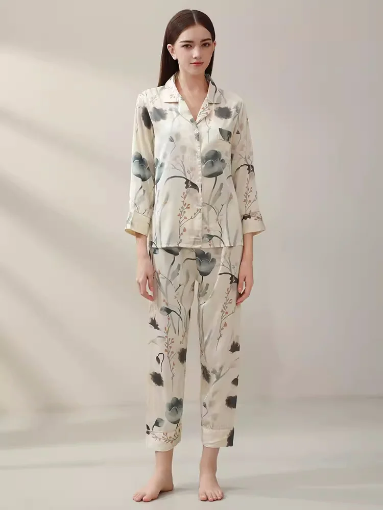 Customize Pure Silk Printed Pajamas Sets for Woman Long Sleeve Womens 2 Piece Outfit Set 100% Mulberry Silk Nightwear Autumn