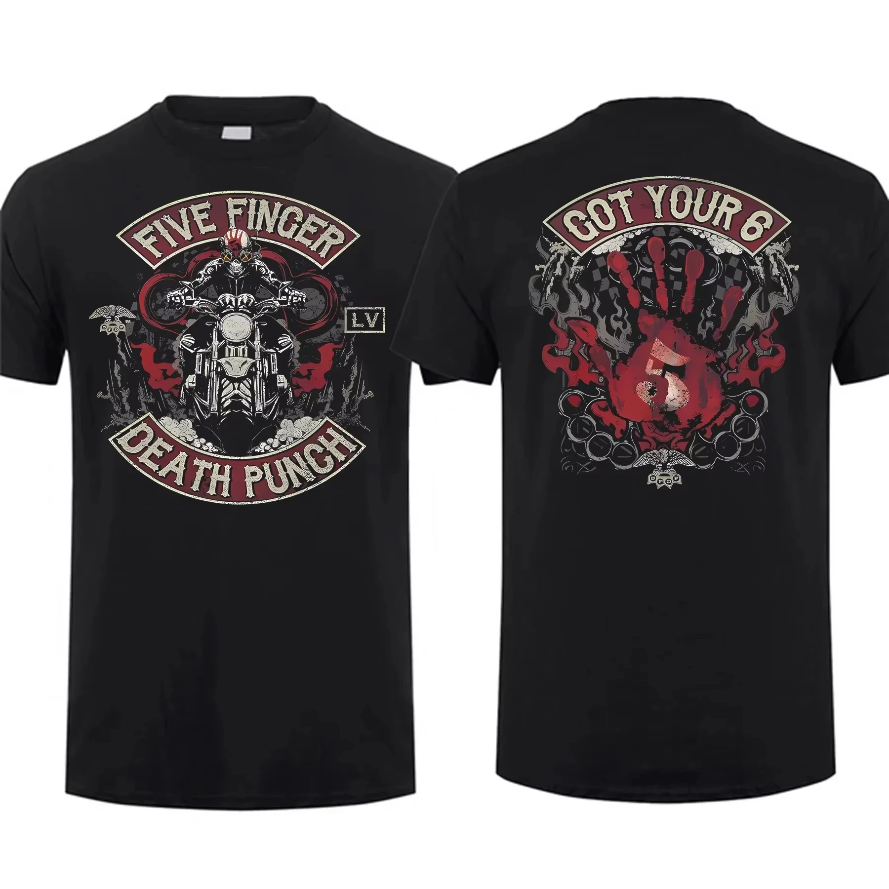 Five Fingerless Metal Band Men's Fashion Neutral Short Sleeve T-shirt Motorcycle Skull Pattern Retro Street American Top