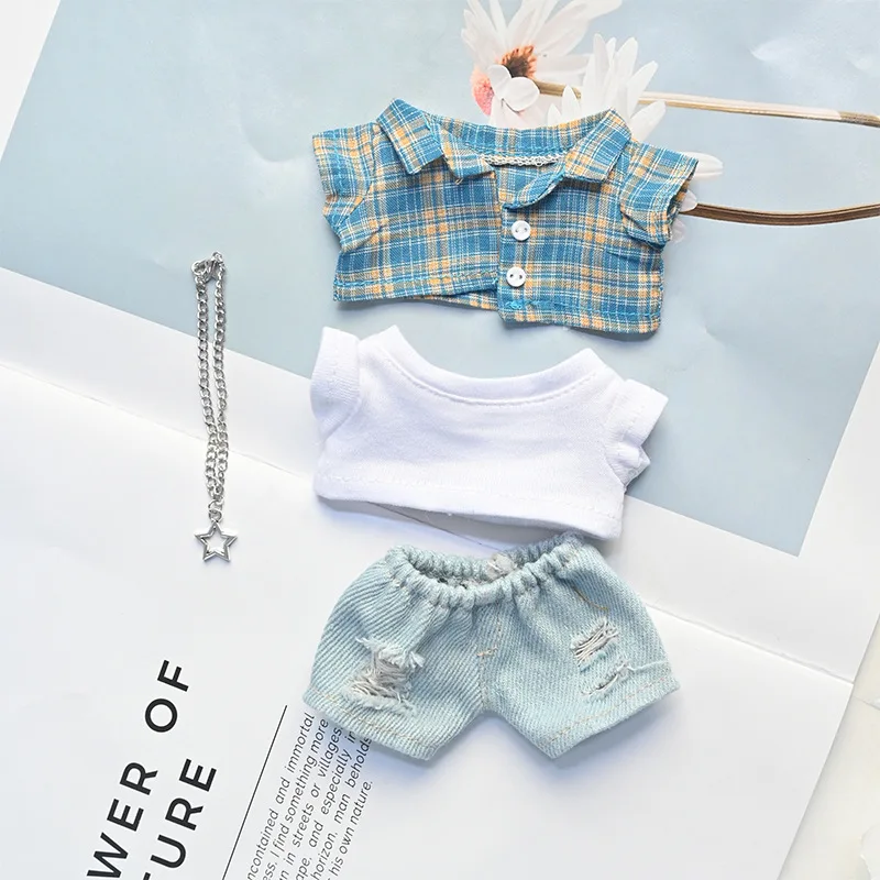 17 centimetri bambola blu camicia a quadri e foro strappato denim jeans set per labubu panni bambola vestiti di ricambio accessori giocattolo borsa per bambole