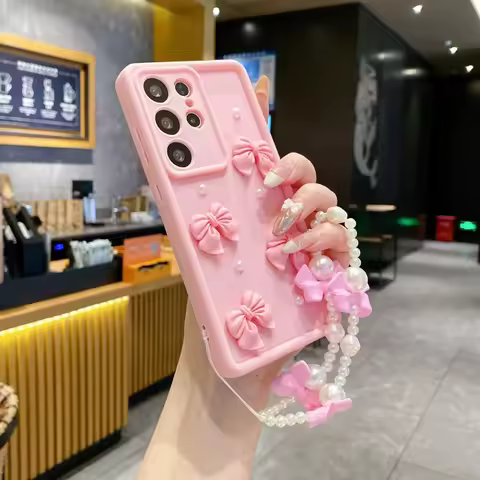 3D Pearl Pink Bow Lanyard Phone Case For Samsung Galaxy S24 S25 Ultra S23 S22 S21 Plus A53 A54 Bracelet Wrist Strap Soft Cover