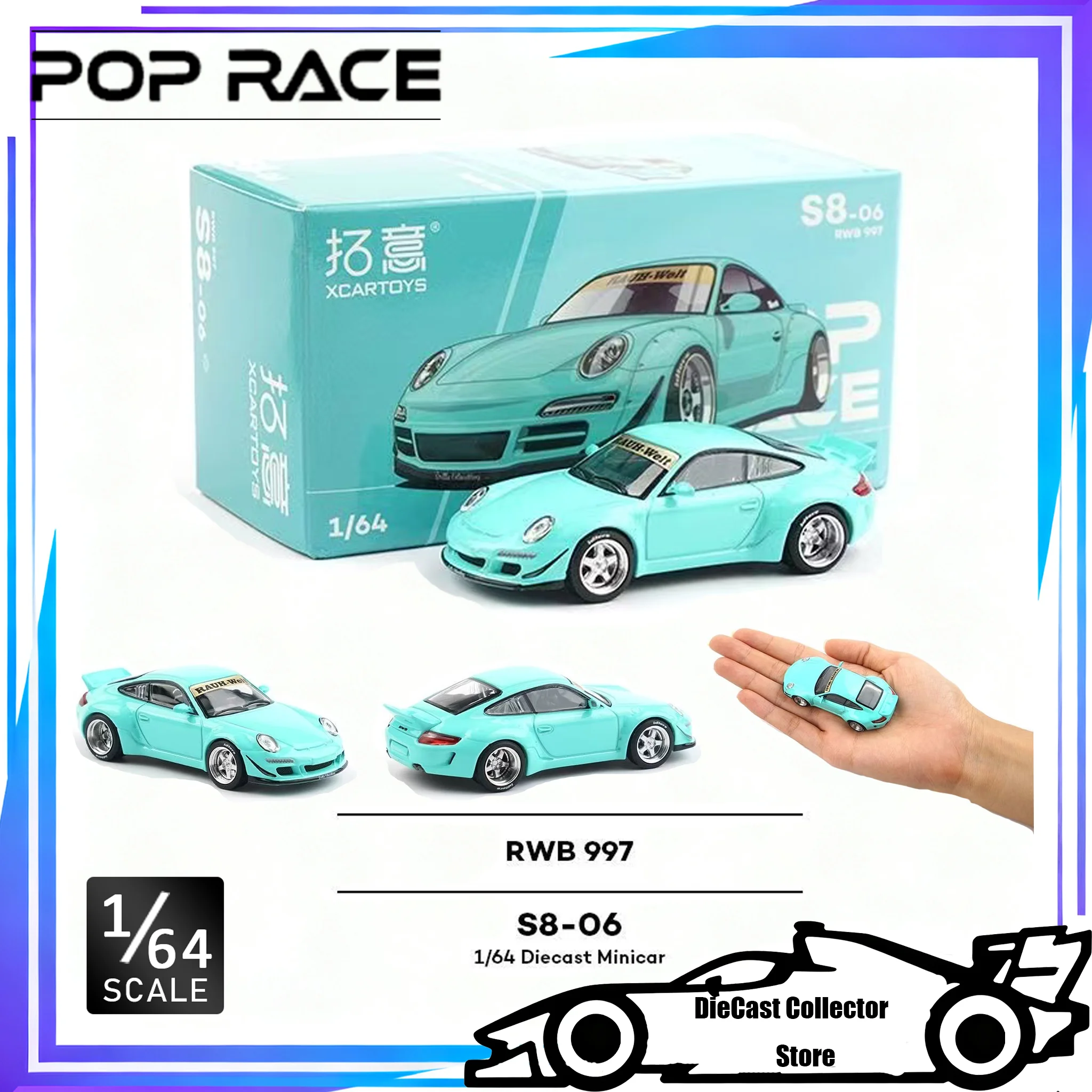 POP RACE 1/64 Porsche RWB 997 سيارة رياضية زرقاء، نموذج سيارة من خليط معدني مصبوب ألعاب أطفال