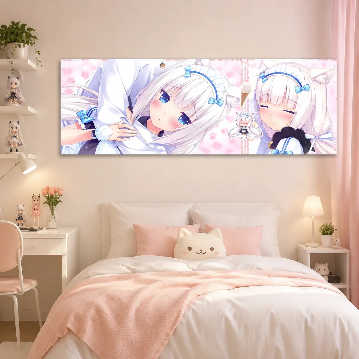 Nekopara Vanilla Long Tapestry, White Cat Maid Pink Sakura Anime Wide Wall Hanging Bedroom Headboard Decor