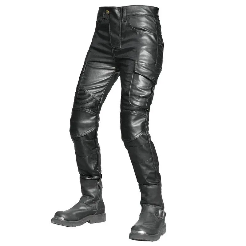 VOLERO Motorcycle Female Motorcycle Pants Multi-Bag Pants Tooling Locomotive Anti-Drop Pants, Coated Waterproof Leather Pants