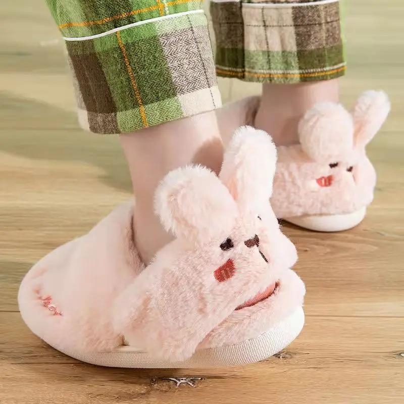 Women Winter Home Slippers Non-Slip Soft Warm House Shoes Men Ladies Indoor Bedroom Couples Cartoon Rabbit Slippers