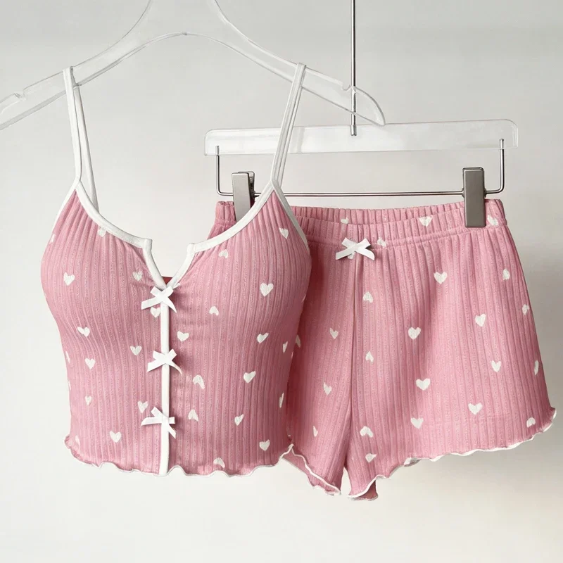 2 Piece Heart Printed Loungewear Women's Breathable Moisture Transferring Pajamas Ladies Soft Fashion Suspenders Homewear Girl