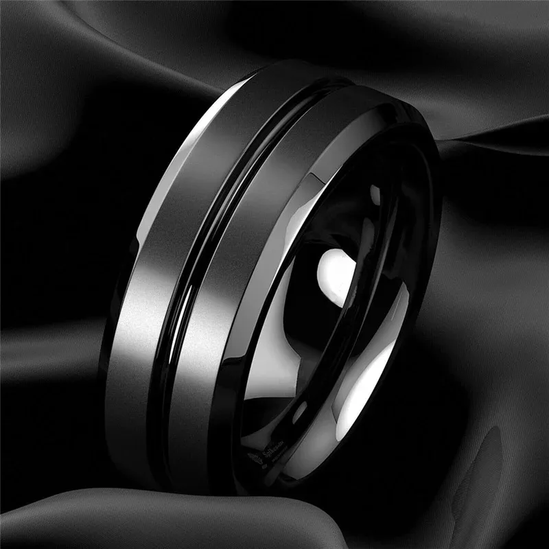 Fashion 8mm Men Rings Black Groove Matte Stainless Steel Rings For Men Wedding Engagement Jewelry Anniversary Birthday Gifts