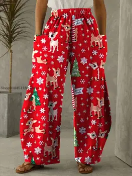 여성용 3D 프린트 크리스마스 트리 운동복 바지, 포켓 루즈 팬츠, 하이 웨이스트 스트레이트 레그 팬츠, 가을 신상