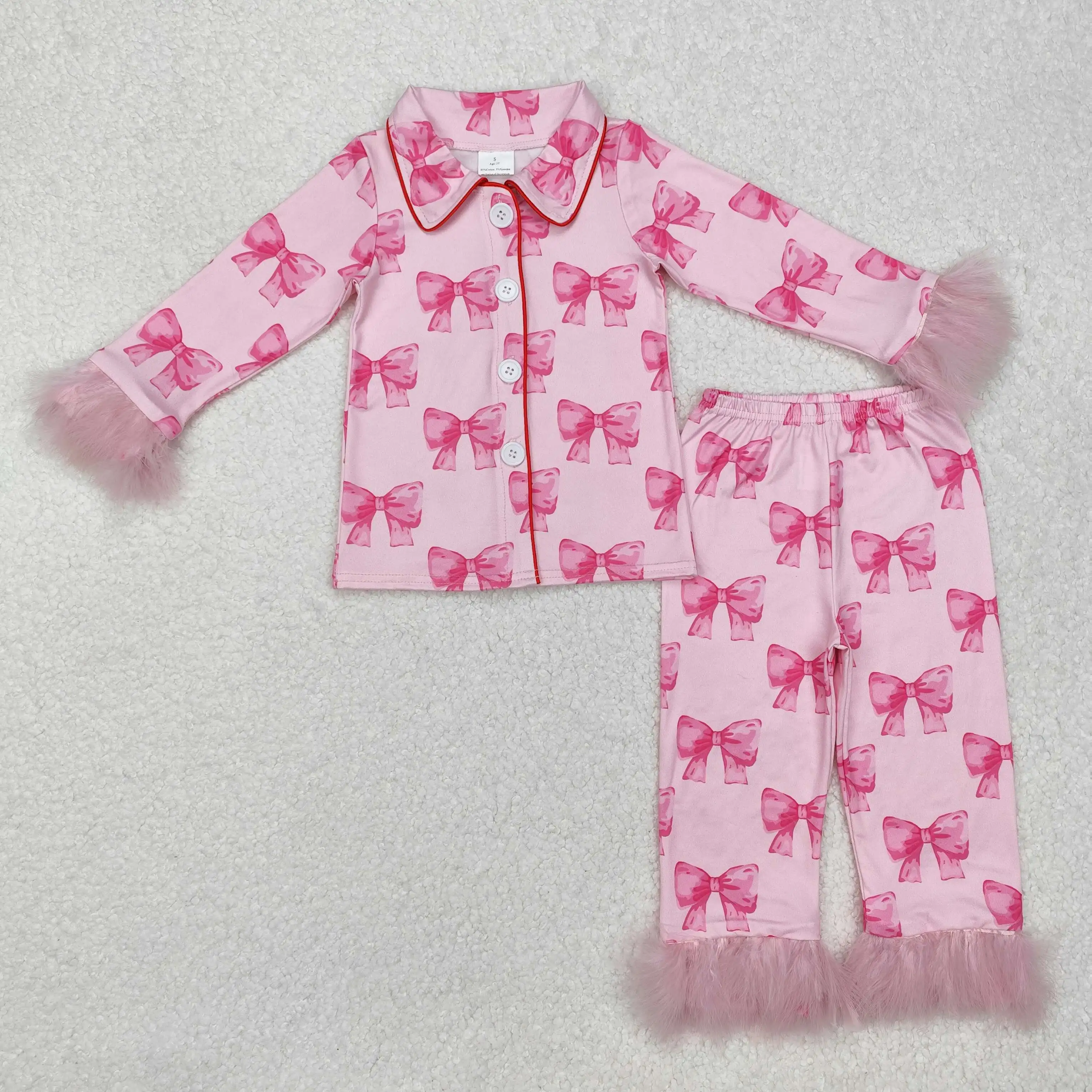 Wholesale Baby Girl Pink Pajamas Set Kids Sleepwear Fur Long Sleeves Bows Buttons Shirt Pants Children Toddler Valentines Outfit