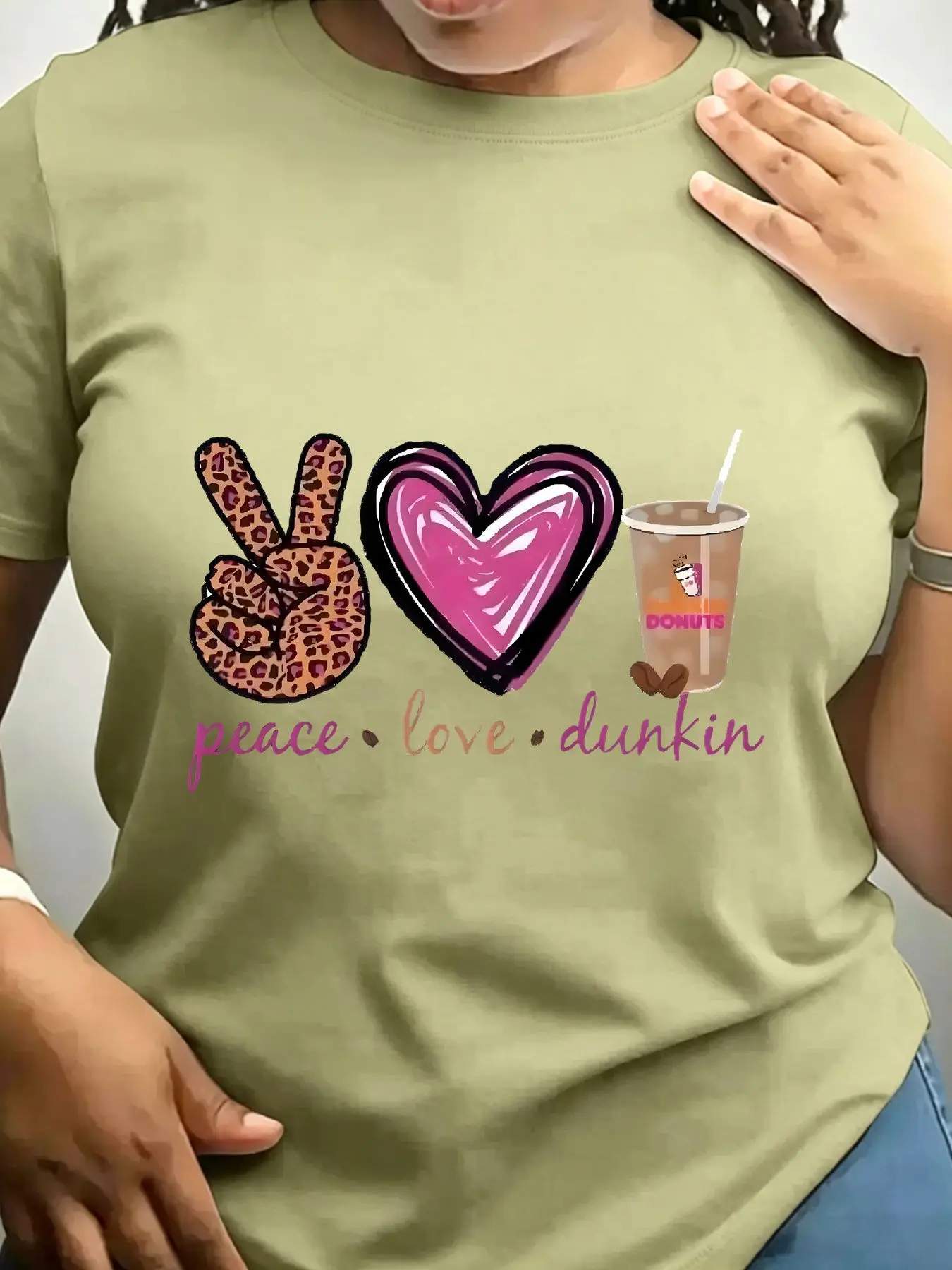 Women's Trendy Crew Neck T-Shirt Peace Love Dunkin Donuts Graphic Suitable for Casual Sportswear view 7