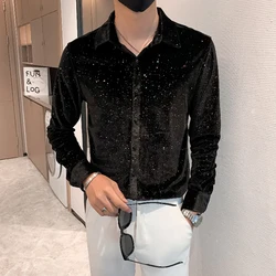 Gypsophila Sequin Print Fashion Slim Luxury Long Sleeve Shirt Men Summer High Quality Velour Smooth Comfortable Camisa Masculina