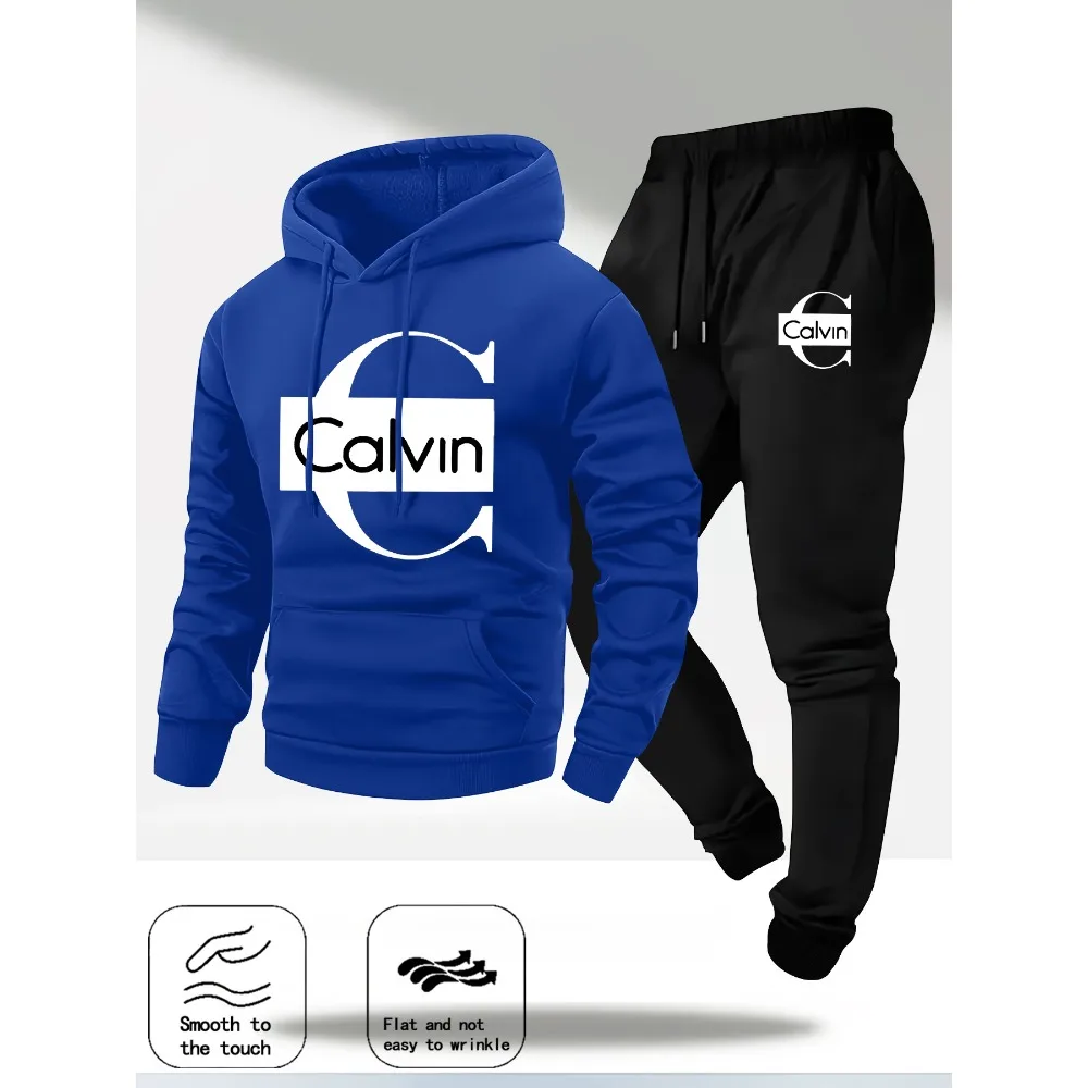 طقم مكون من قطعتين بغطاء للرأس بأكمام طويلة للرجال من كالفن، سترة رياضية كاجوال عصرية بقلنسوة