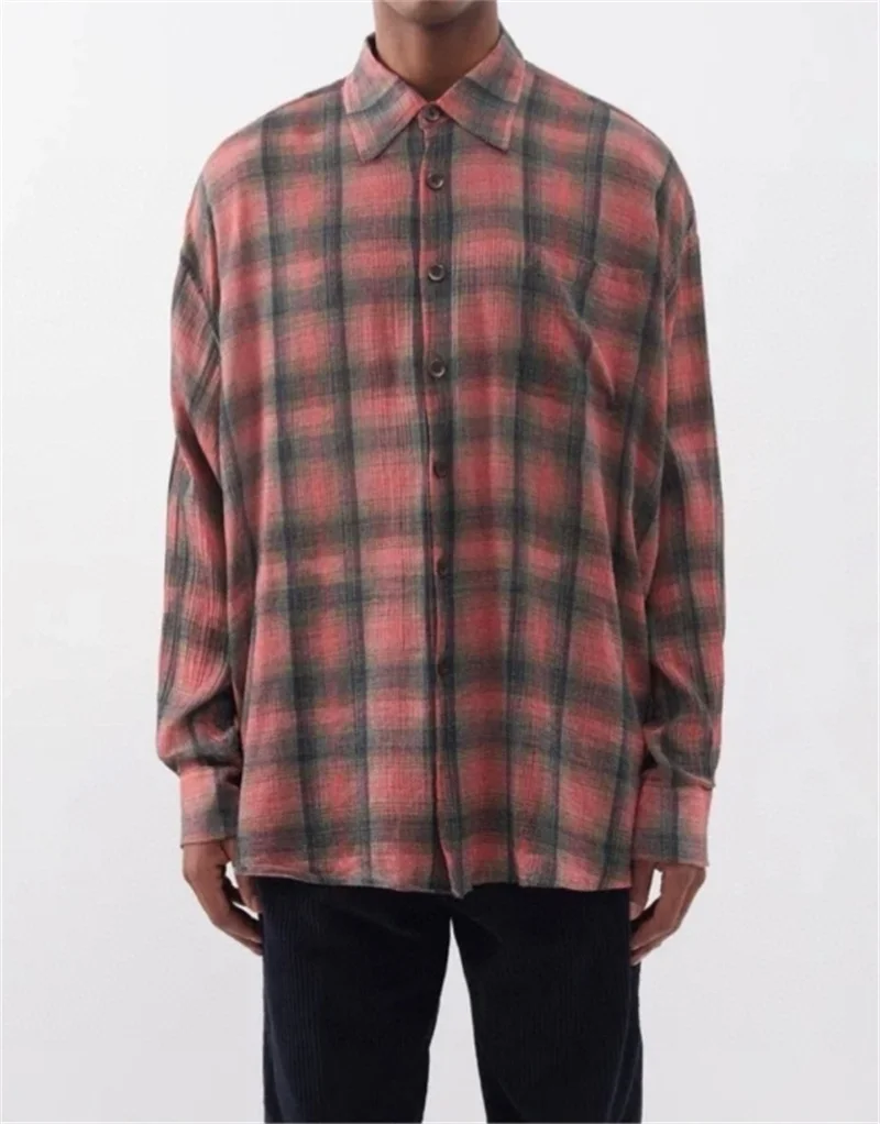 OUR LEGACY Rose Red Checkered Shirt Men Women Gradual Lazy Style Casual Loose Long Sleeved Tops