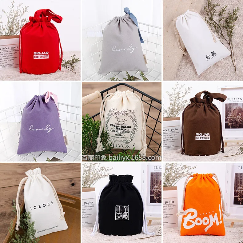 Custom Logo Drawstring Cotton Polyester Cloth Package Bag Spot Blank White Cotton Bundle Mouth Gift Packaging Canvas Storage Bag